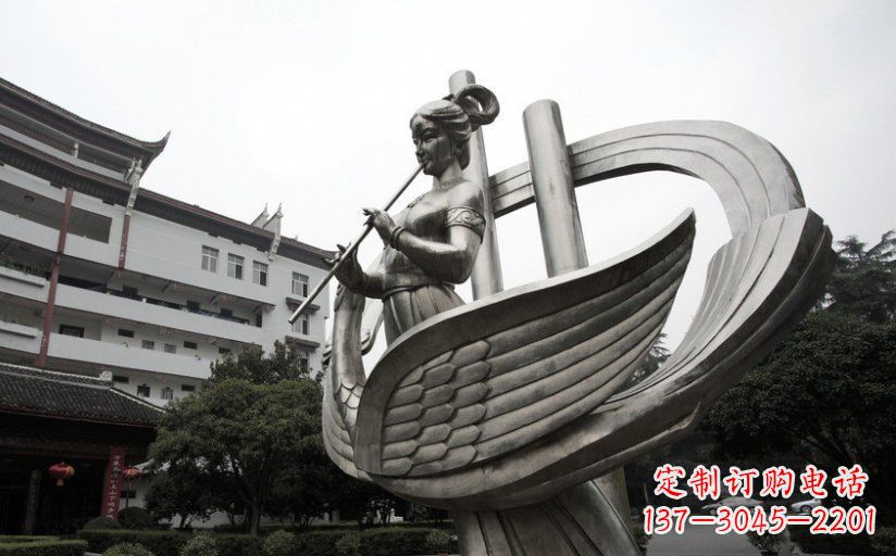 北京古典美女不锈钢吹笛子雕塑