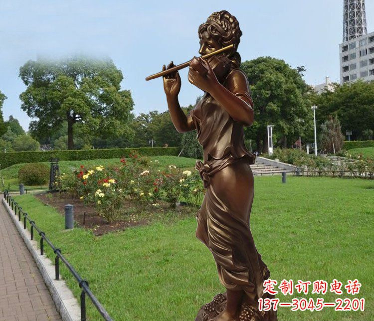 北京吹笛子的美女城市花园景观玻璃钢仿铜雕塑