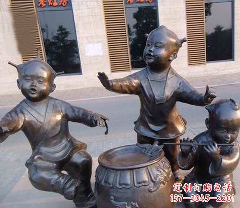 北京吹笛子跳舞的儿童铜雕