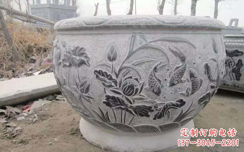 北京仿古雕刻鲤鱼石浮雕水缸