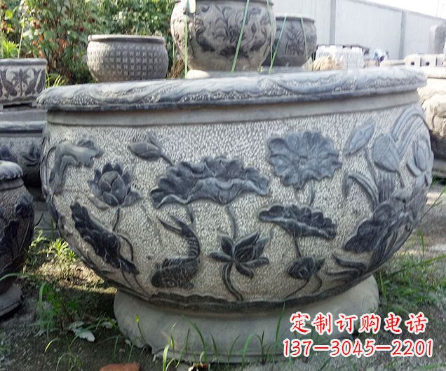 北京中领雕塑仿古荷花石浮雕水缸