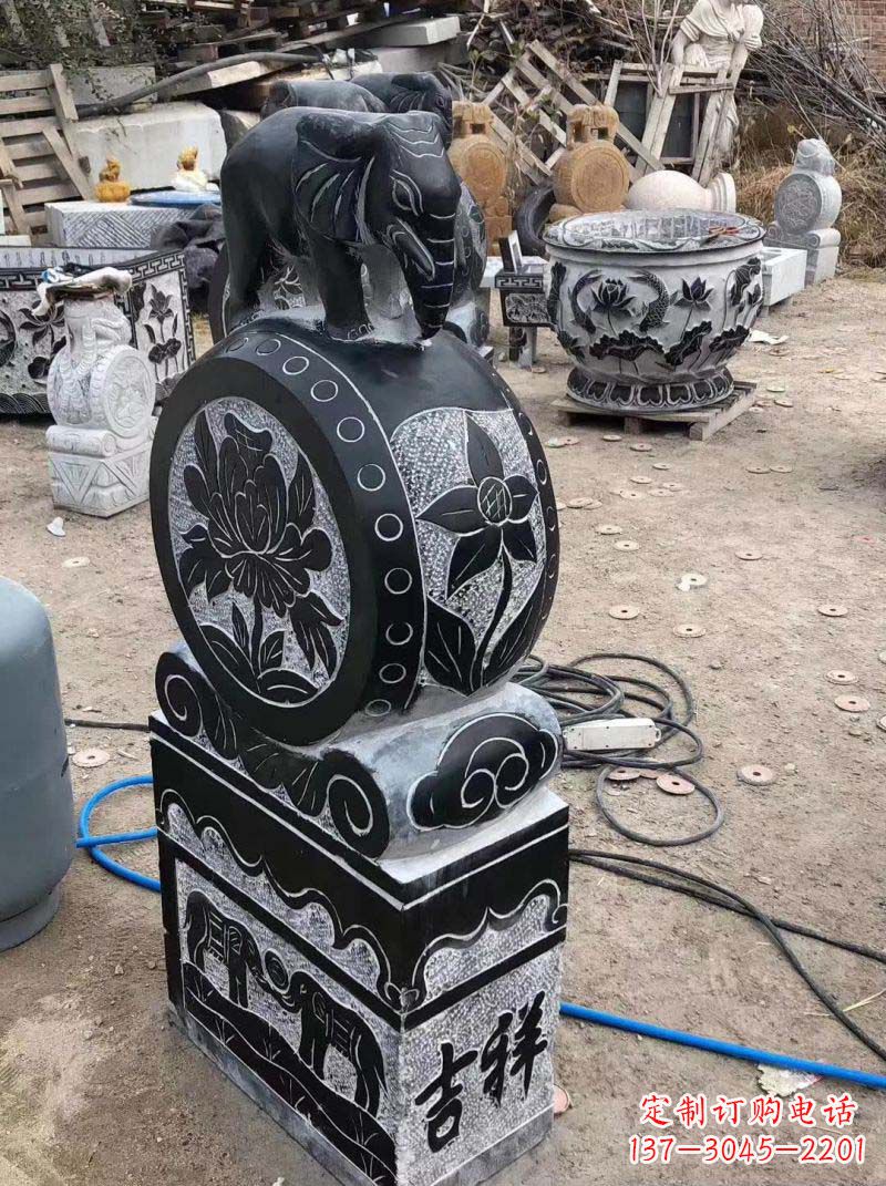 北京传统工艺小象抱鼓石雕塑