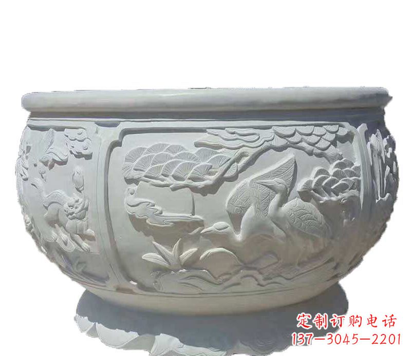 北京仿古鱼缸石雕花盆摆件