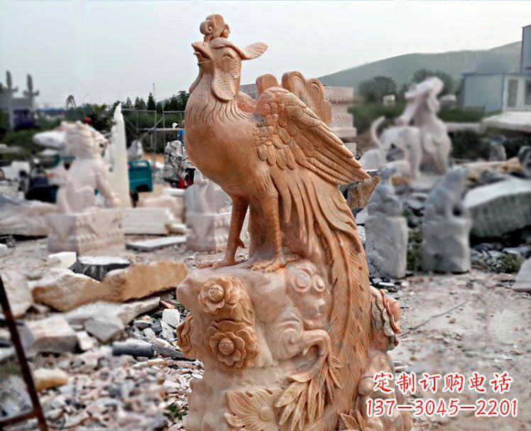 北京凤凰牡丹晚霞红石雕神兽动物雕塑
