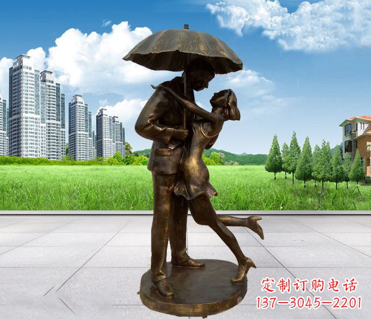 北京公园打伞接吻的情侣铜雕