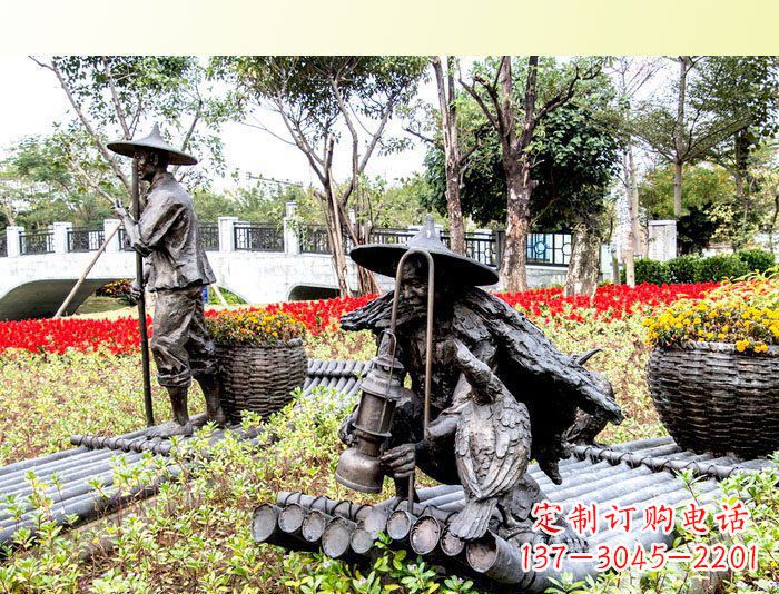 北京公园人物渔夫铜雕塑