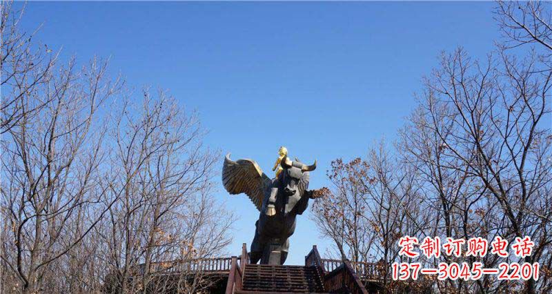 北京精美铜雕雕塑——可爱小男孩站在飞牛上
