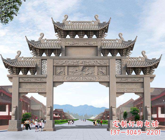 北京景区三门石雕牌楼——精美雕塑定制