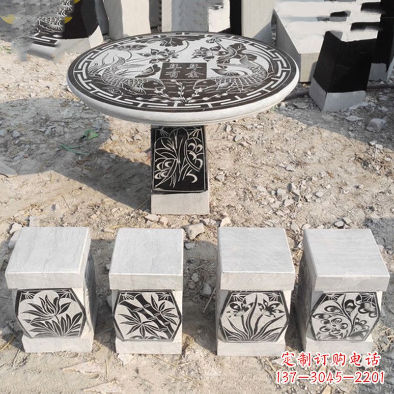 北京梅兰竹菊仿古方石桌凳雕塑，古朴典雅
