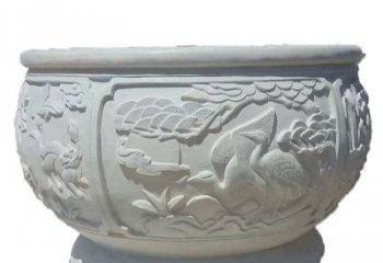 北京汉白玉松鹤延年浮雕水缸，带给您无尽的岁月美景