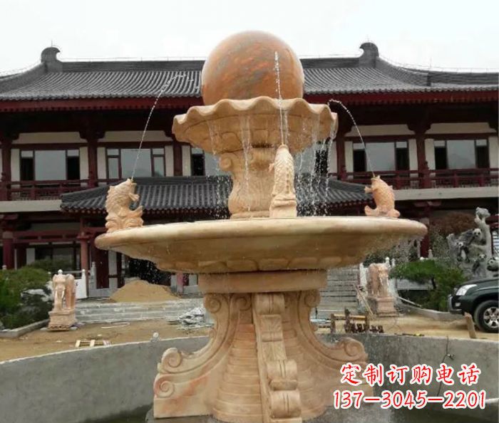 北京双层风水球喷泉晚霞红石雕