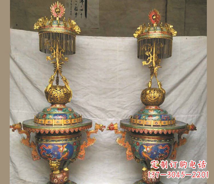 北京铜雕彩绘香炉景观摆件