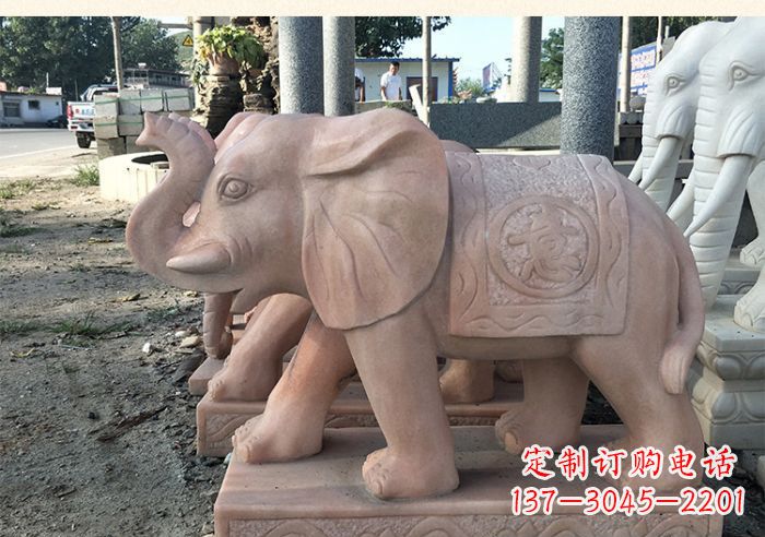 北京晚霞红鼻卷元宝大象门口石雕_1