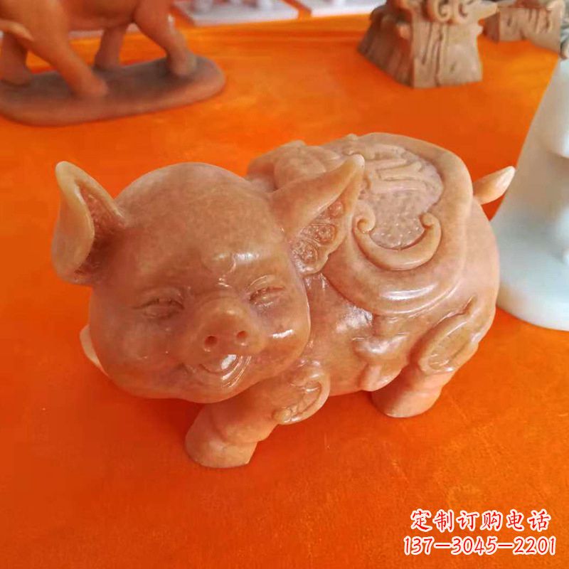 北京晚霞红大理石招财猪雕塑-企业商场创意生肖动物风水摆件