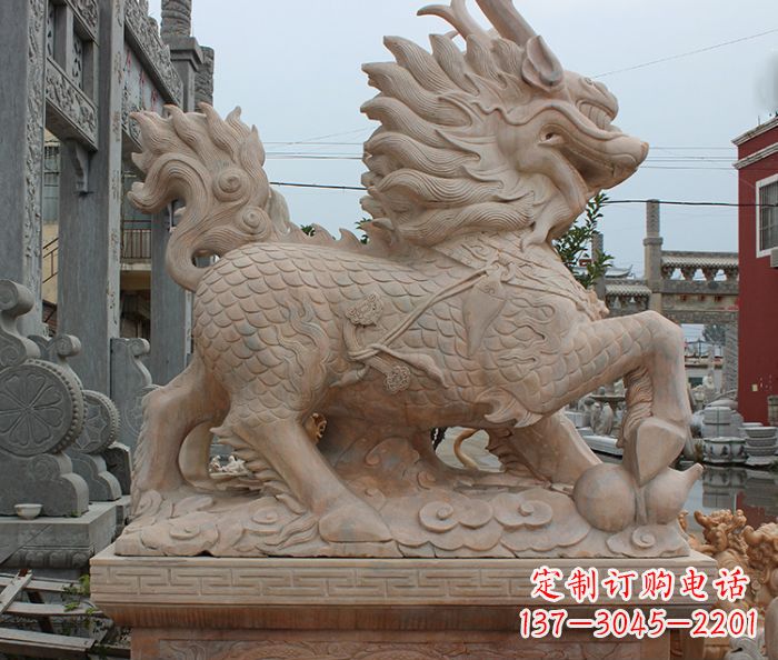 北京晚霞红古代神兽麒麟石雕