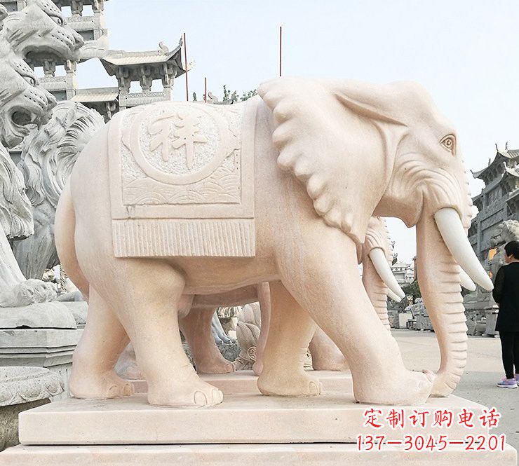 北京晚霞红吉祥如意大象石雕
