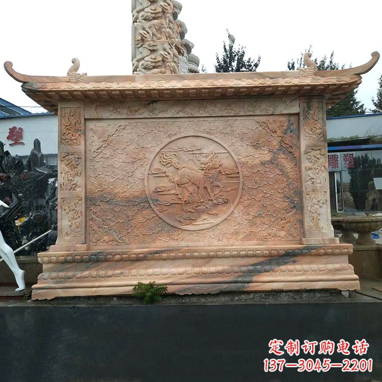 北京晚霞红麒麟影壁墙石雕