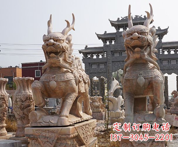 北京晚霞红瑞兽麒麟石雕 (2)