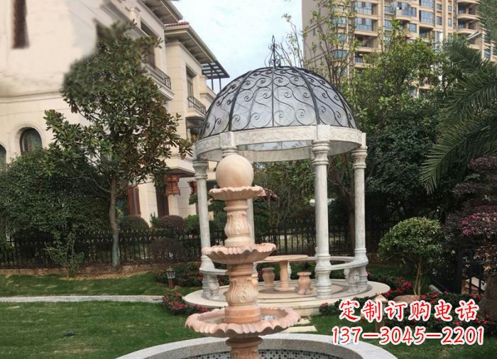 北京晚霞红三层风水球喷泉小区石雕