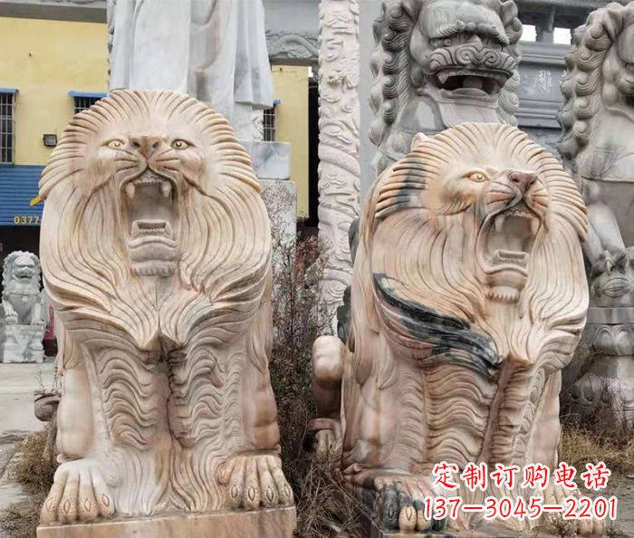 北京晚霞红石雕欧式石狮子