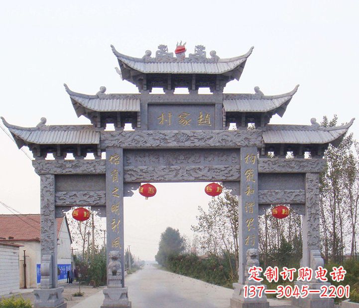 北京晚霞红石雕牌坊