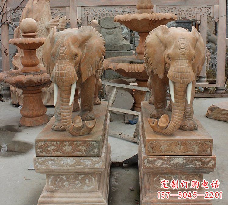 北京晚霞红石雕元宝大象