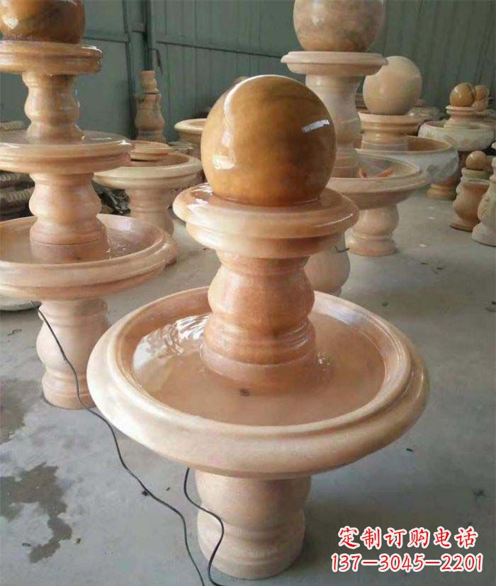 北京晚霞红双层风水球别墅喷泉石雕