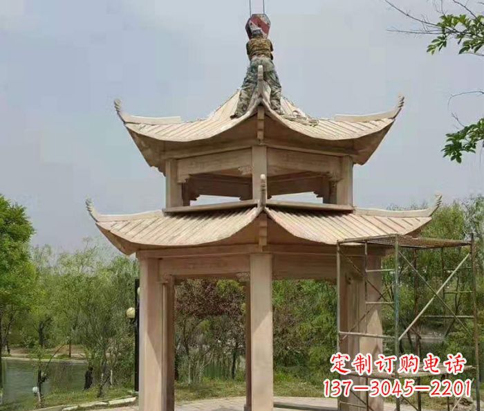 北京晚霞红双层凉亭石雕 (2)