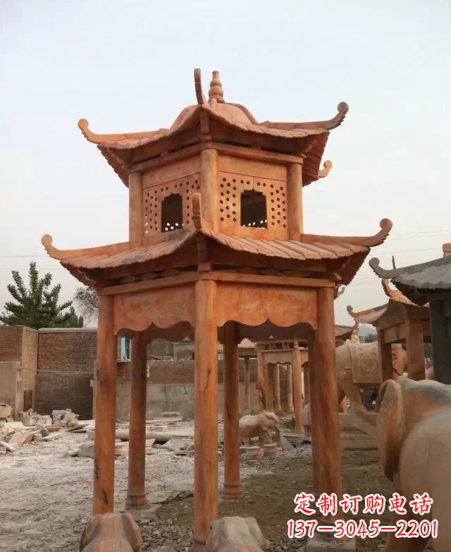 北京晚霞红双层凉亭石雕
