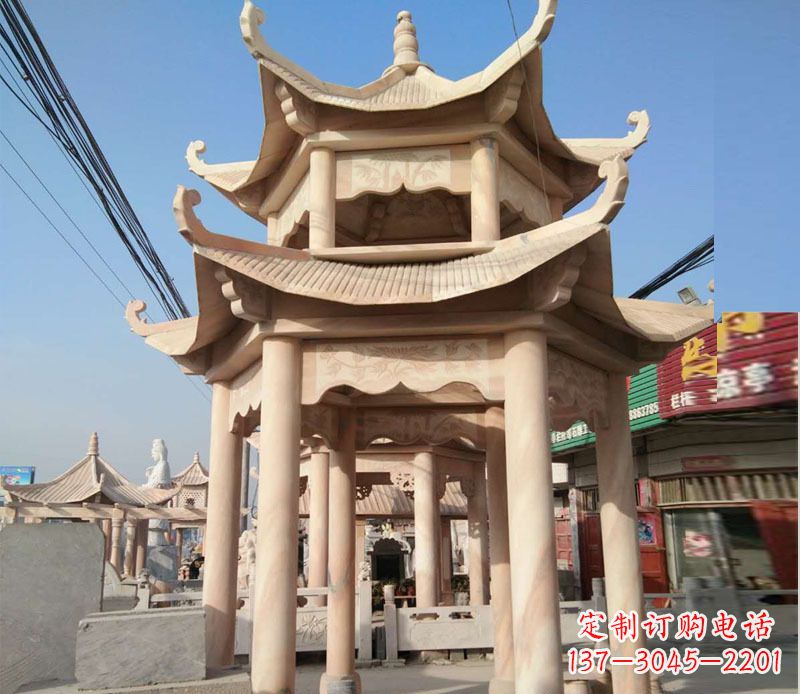 北京晚霞红双层六角凉亭石雕 (3)