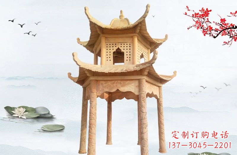 北京晚霞红双层六角凉亭石雕