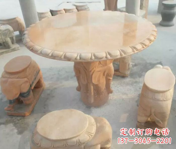 北京晚霞红小象桌凳别墅石雕 (2)