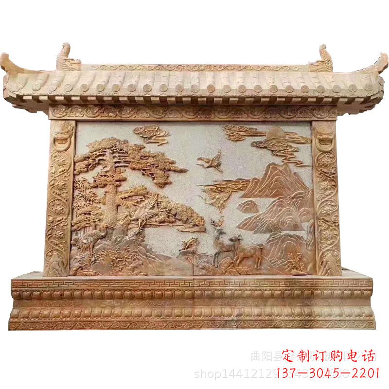 北京晚霞红迎客松石雕影壁