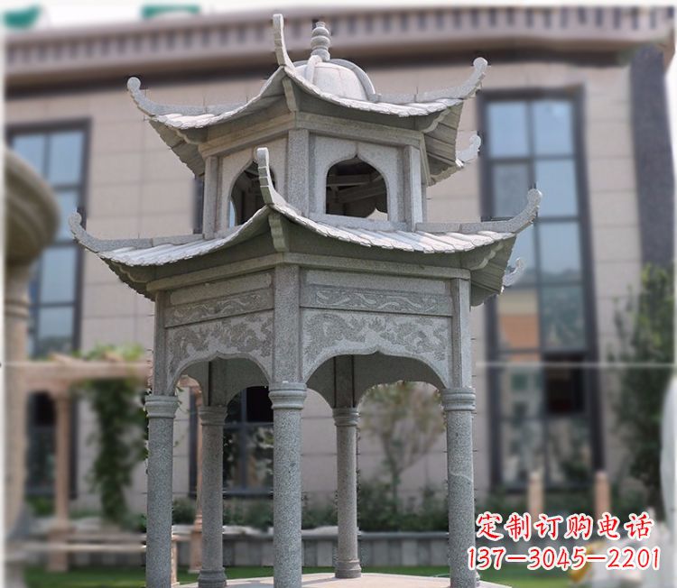 北京小区大理石六角石雕双层凉亭