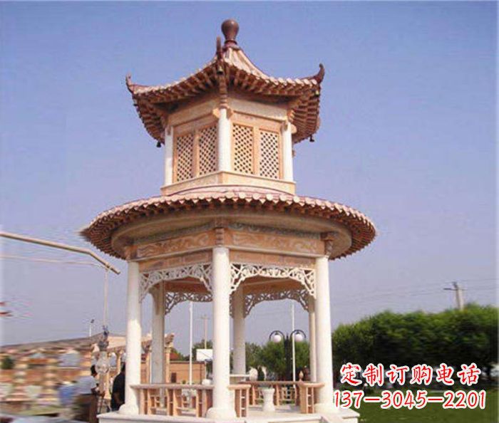 北京园林景观晚霞红双层石雕凉亭 (4)