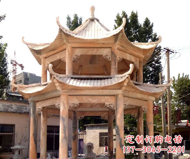 北京园林景观晚霞红双层石雕凉亭