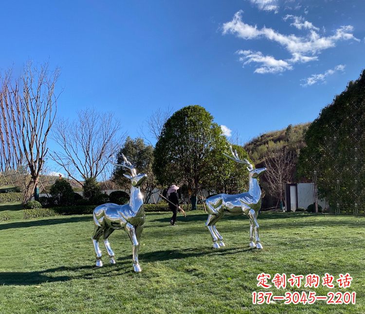北京园林镜面不锈钢梅花鹿雕塑
