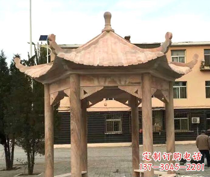 北京园林晚霞红六角石雕凉亭