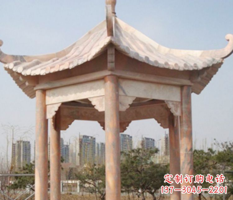 北京园林晚霞红六角石凉亭景观石雕