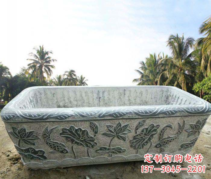 北京长方形连年有余荷花浮雕石水缸