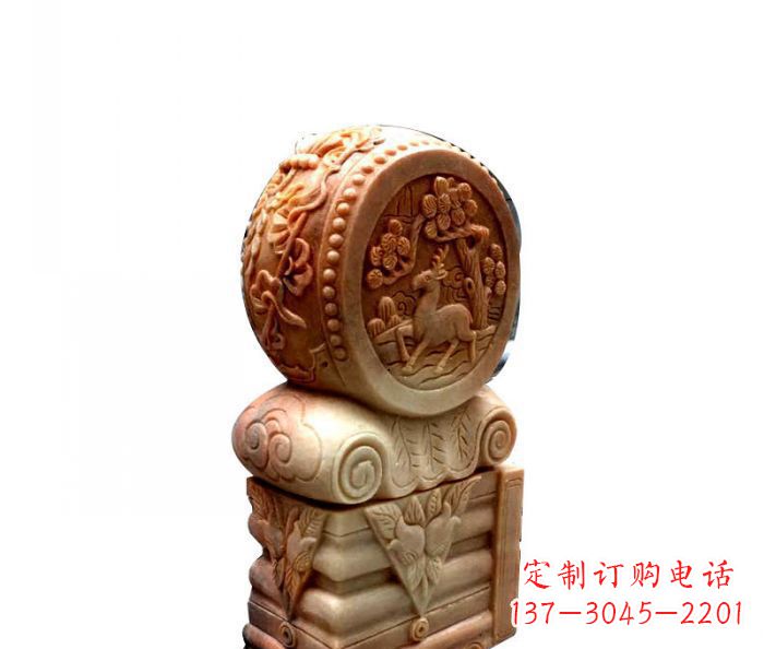 北京招财石门墩晚霞红抱鼓石