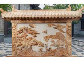 北京园林景观晚霞红松鹤石浮雕影壁