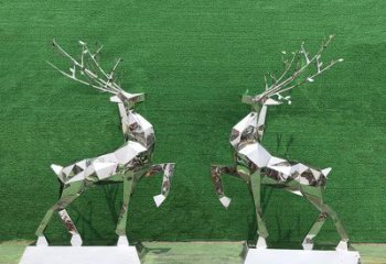 北京梅花鹿雕塑-公园两只不锈钢镜面梅花鹿雕塑