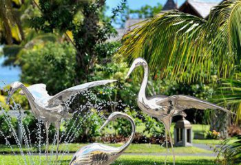 北京鹤雕塑-公园池塘不锈钢镜面抽象喷泉中的鹤雕塑