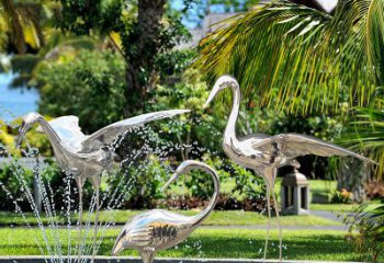北京仙鹤雕塑-公园池塘不锈钢喷泉中的仙鹤雕塑